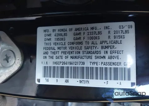 2009 Honda Accord 2.4 Lx-P z USA, uszkodzony, nr VIN 1HGCP26419A121739